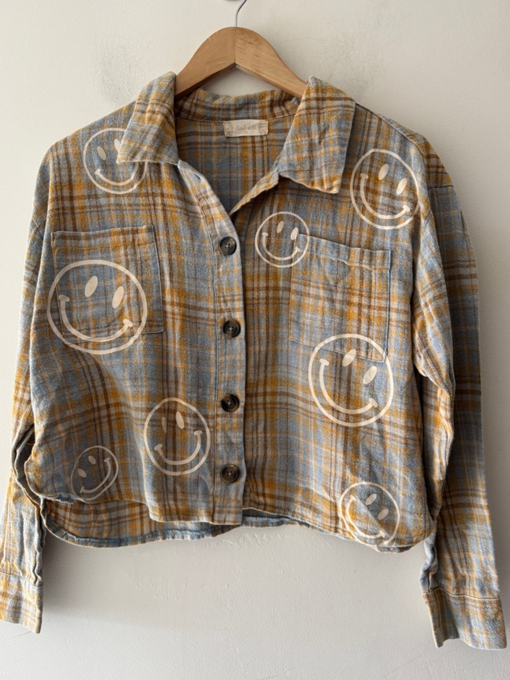 Altar’d State Plaid Crop Button‎ Down Smiley Face Top